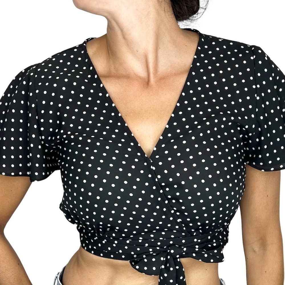 Active USA black white polka dot cropped tie flutter sleeve top S